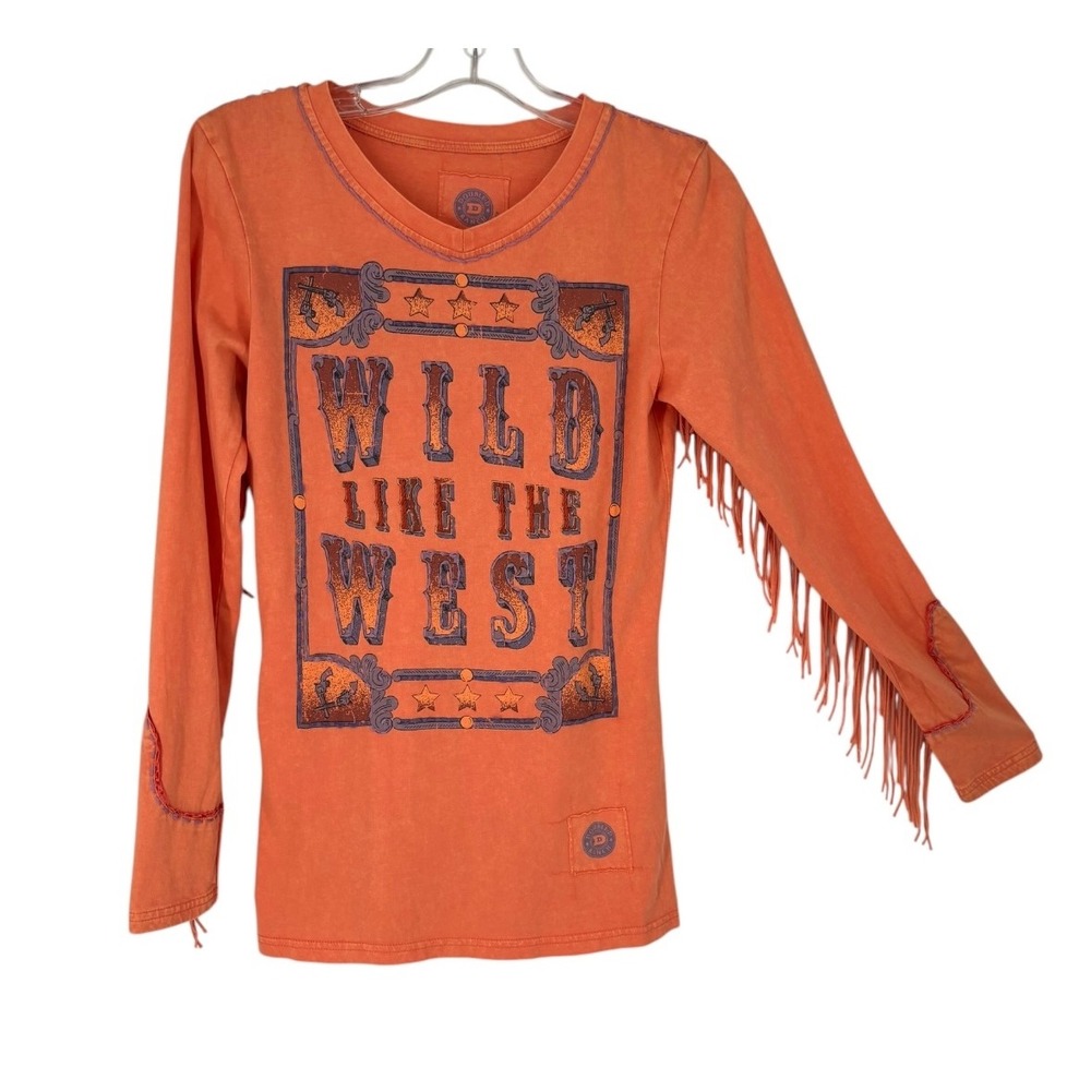 Double D Ranch Wild Like The West Fringe Tee Peach Flash XS Western Cowgirl